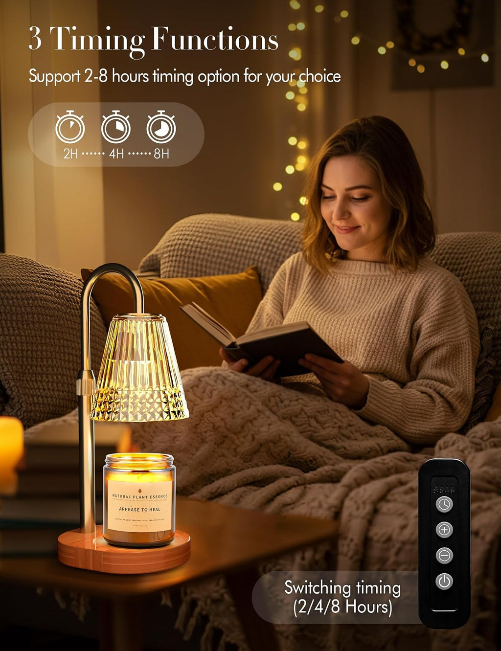 Candle Warmer Lamp with Timer Dimmer: Height Adjustable Wax Melt Warmer for Scented Jar Candles with 2 Bulbs, Christmas Birthday Gifts for Women Mom, House Warming Gifts New Home Room Office Decor