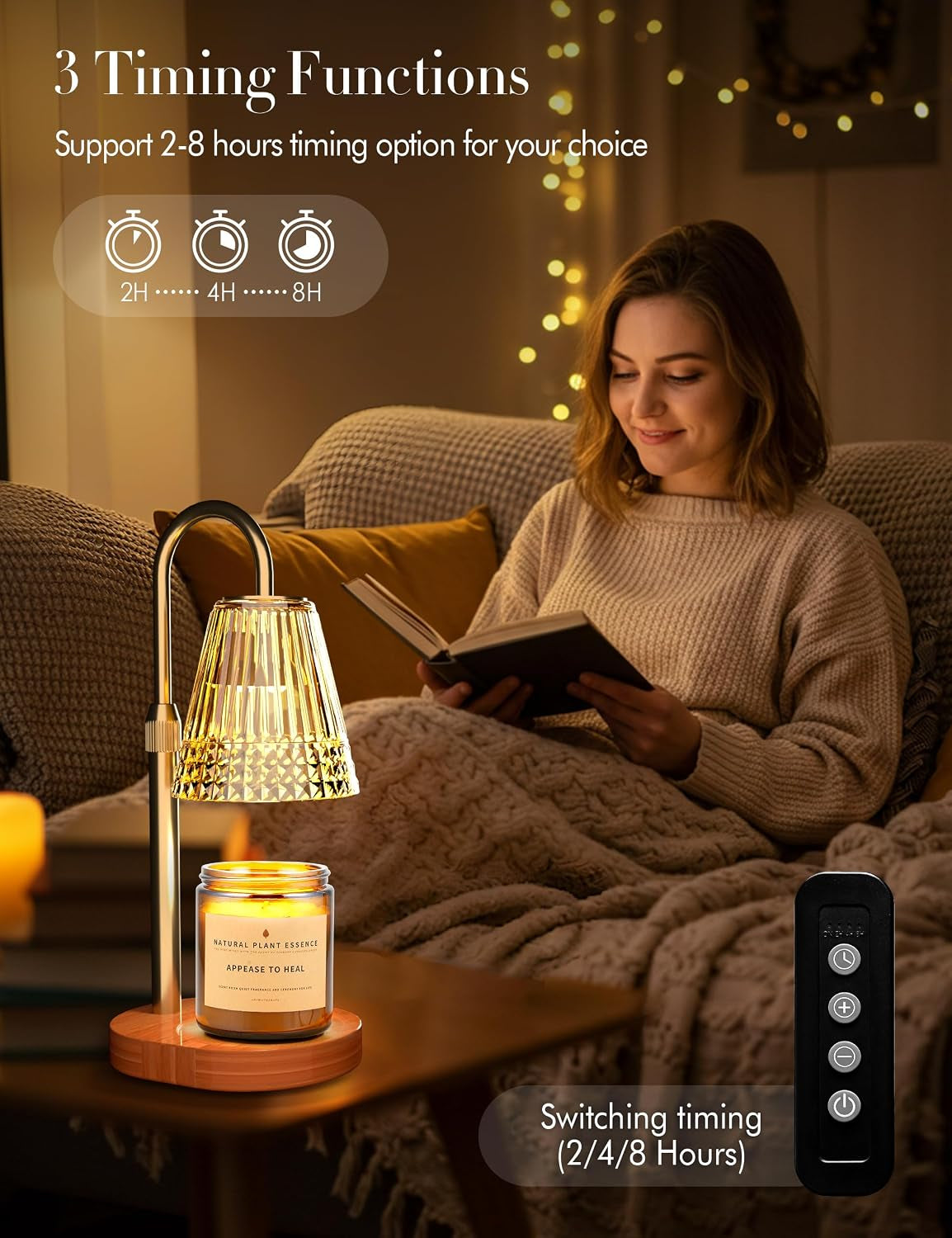 Candle Warmer Lamp with Timer Dimmer: Height Adjustable Wax Melt Warmer for Scented Jar Candles with 2 Bulbs, Christmas Birthday Gifts for Women Mom, House Warming Gifts New Home Room Office Decor